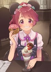 Rule 34 | apron, cafe, dessert, doughnut, food, grin, hairband, highres, holding, holding food, idolmaster, idolmaster cinderella girls, indoors, jewelry, looking at viewer, mickey mouse ears, necklace, parfait, peppe, pov across table, puffy short sleeves, puffy sleeves, purple eyes, ring, shiina noriko, short sleeves, sitting, smile, spoon, upper body