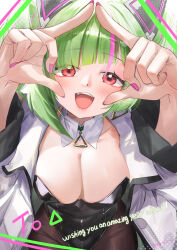 Rule 34 | 1girl, absurdres, animal ear headphones, animal ears, artist name, black leotard, black pantyhose, blush, breasts, cat ear headphones, cleavage, collar, collarbone, commentary request, dated, delutaya, detached collar, english text, fake animal ears, fang, finger frame, fingernails, fuyouchu, green hair, headphones, highres, indie virtual youtuber, jacket, large breasts, leotard, long hair, long sleeves, looking at viewer, multicolored hair, nail polish, open clothes, open jacket, open mouth, pantyhose, pink eyes, pink hair, pink lips, pink nails, smile, solo, strapless, strapless leotard, streaked hair, teeth, triangle, triangle hair ornament, twintails, twitter username, two-tone hair, upper teeth only, virtual youtuber, white background, white collar, white jacket