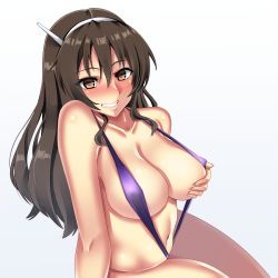 Rule 34 | 10s, 1girl, ashigara (kancolle), bare legs, bare shoulders, blush, breasts, brown eyes, brown hair, grin, hairband, highres, kantai collection, large breasts, long hair, looking at viewer, matching hair/eyes, navel, slingshot swimsuit, smile, solo, strap gap, swimsuit, taisai