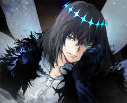 Rule 34 | 1boy, alternate hair color, arthropod boy, black hair, blue eyes, bug, butterfly, butterfly wings, cloak, collared shirt, commentary, crown, diamond hairband, expressionless, fate/grand order, fate (series), fur-trimmed cloak, fur collar, fur trim, hand on own face, highres, insect, insect wings, long sleeves, looking at viewer, male focus, medium hair, nishiide kengorou, oberon (fate), oberon (third ascension) (fate), official alternate costume, shirt, solo, spoilers, white shirt, wings