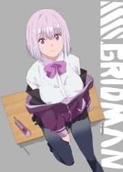 black_pantyhose black_skirt bow bowtie boxcutter breasts desk dress_shirt from_above gridman_universe highres jacket large_breasts looking_at_viewer miniskirt off_shoulder pantyhose pleated_skirt purple_bow purple_bowtie purple_hair purple_jacket red_eyes school_desk school_uniform shinjou_akane shirt short_hair sitnon sitting skirt ssss.gridman white_shirt