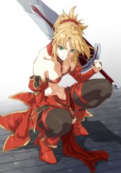 Rule 34 | 1girl, absurdres, ankle boots, bare shoulders, black pantyhose, blonde hair, boots, braid, breasts, clarent (fate), cleavage, closed mouth, detached sleeves, fate/apocrypha, fate (series), french braid, green eyes, hair ornament, hair scrunchie, highres, holding, holding sword, holding weapon, juliet sleeves, long sleeves, looking at viewer, medium breasts, mordred (fate), mordred (fate/apocrypha), navel, over shoulder, pantyhose, pretty-purin720, puffy sleeves, red footwear, red scrunchie, scrunchie, shadow, short hair, smile, solo, squatting, sword, sword over shoulder, tiptoes, weapon, weapon over shoulder