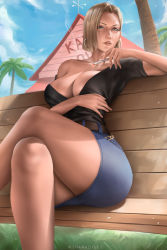 Rule 34 | android, android 18, blonde hair, blue eyes, blue skirt, cigarette, clothes, dragon ball, dragonball z, ear piercing, earrings, female focus, highres, hoop earrings, jewelry, looking at viewer, mature female, medium hair, mature female, piercing, sitting, skirt, smoke, solo, wtparadise