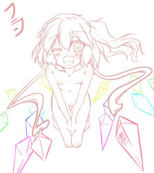 Rule 34 | 1girl, blush, fangs, female focus, flandre scarlet, flat chest, kneeling, multiple monochrome, nude, one eye closed, open mouth, ryu-tan, short hair, side ponytail, sketch, solo, spot color, thigh gap, touhou, wings, wink