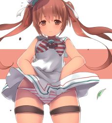 Rule 34 | 10s, 1girl, bare shoulders, blush, breasts, brown eyes, brown hair, clothes lift, dark-skinned female, dark skin, dress, dress lift, dyson (edaokunnsaikouya), kantai collection, libeccio (kancolle), looking at viewer, neckerchief, panties, sailor collar, sailor dress, simple background, small breasts, solo, striped background, striped clothes, striped neckerchief, striped panties, twintails, underwear, white dress
