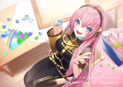 Rule 34 | 1girl, :d, armband, arms behind back, bag, belt, blue eyes, blush, breasts, chair, copyright name, detached sleeves, from above, hair over shoulder, holding, large breasts, long hair, looking at viewer, megurine luka, multiple belts, nail polish, official art, open mouth, pencil skirt, pink hair, puzzle, puzzle piece, shirt, shopping bag, side slit, single sleeve, sitting, skirt, sleeveless, sleeveless shirt, smile, table, takamiya ren, thighhighs, very long hair, vocaloid, watermark, web address