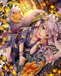 Rule 34 | 1girl, animal, animal ears, blue kimono, blush, bracelet, breasts, cleavage, falkyrie no monshou, flower, food, fox, fox ears, fox tail, green eyes, grey hair, holding, holding food, japanese clothes, jewelry, kimono, large breasts, looking at viewer, lying, natsumekinoko, official art, on side, open mouth, plate, smile, tail, yukata