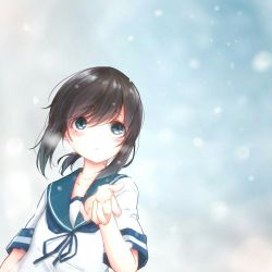 Rule 34 | 1girl, arm up, black hair, blue background, blue eyes, blue ribbon, blue sailor collar, blush, breath, commentary request, facing viewer, fubuki (kancolle), gradient background, hair between eyes, kantai collection, leaning to the side, looking up, na-code (gurich), neck ribbon, open hand, overcast, parted lips, ribbon, sailor collar, school uniform, serafuku, short hair, short sleeves, sky, sleeve cuffs, snowing, solo, standing, swept bangs, upper body, white background