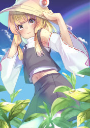 1girl absurdres armpits blonde_hair blue_sky blush cloud day detached_sleeves from_below hair_ribbon hat highres light_smile littolebusters long_hair long_sleeves looking_at_viewer midriff moriya_suwako navel outdoors purple_vest red_ribbon ribbon ribbon-trimmed_sleeves ribbon_trim shirt sidelocks skirt skirt_set sky solo touhou vest white_shirt wide_sleeves yellow_eyes