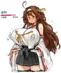 Rule 34 | 10s, 1girl, ahoge, bare shoulders, breasts, brown hair, bursting breasts, embarrassed, covered erect nipples, grey eyes, hairband, huge breasts, japanese clothes, kancolle arcade, kantai collection, kongou (kancolle), long hair, nontraditional miko, sachito, skirt, solo, sweat, sweatdrop, translation request