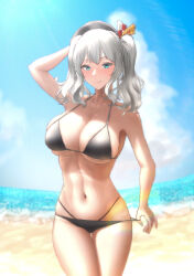 Rule 34 | 1girl, absurdres, alternate costume, arm behind head, arm up, beret, bikini, black bikini, black hat, blue eyes, blue sky, breasts, day, grey hair, hat, highres, kantai collection, kashima (kancolle), large breasts, long hair, looking at viewer, multi-strapped bikini bottom, navel, ocean, outdoors, shushan, sidelocks, sky, smile, solo, swimsuit, twintails, wavy hair