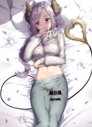 Rule 34 | 1girl, nanashi inc., aran sweater, bed sheet, blush, breasts, cable knit, clothes lift, commentary request, covered mouth, demon girl, demon horns, demon tail, flower, grey skirt, hand up, heart, highres, honey strap, horns, kuria (clear trip second), large breasts, lifted by self, long hair, long sleeves, lying, navel, on back, petals, puffy long sleeves, puffy sleeves, purple eyes, purple hair, saionji mary, skirt, solo, sweater, sweater lift, swept bangs, tail, tail raised, very long hair, virtual youtuber, white flower, white sweater