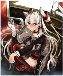 Rule 34 | 10s, 1girl, amatsukaze (kancolle), brown eyes, dress, gloves, kantai collection, long hair, looking at viewer, o o, rensouhou-kun, sailor dress, school uniform, serafuku, short dress, silver hair, single glove, solo, striped clothes, striped thighhighs, syatey, thighhighs, twintails, two side up