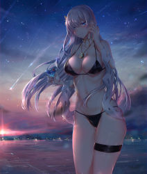 Rule 34 | 1girl, absurdres, anastasia (fate), bare shoulders, bikini, black bikini, blue eyes, blue sky, blush, breasts, cleavage, cocktail glass, collarbone, cup, drinking glass, fate/grand order, fate (series), gradient sky, hair over one eye, hairband, hand in own hair, highres, hitomin (ksws7544), jewelry, large breasts, long hair, looking at viewer, navel, necklace, pendant, purple sky, shooting star, silver hair, sky, smile, star (sky), starry sky, sunset, swimsuit, thigh strap, thighs, twilight