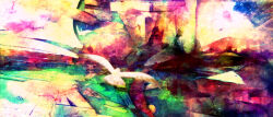 Rule 34 | abstract, animal focus, bird, commentary request, from behind, hayapi, multicolored background, no humans, original, scenery, spread wings, triangle, white bird