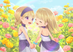Rule 34 | 2girls, :d, aged down, bare arms, bare shoulders, blonde hair, blue sky, blunt bangs, bracelet, braid, choker, cloud, day, dragon quest, dragon quest xi, dress, flower, jewelry, kz ripo, looking at another, multiple girls, open mouth, outdoors, pink flower, purple choker, purple eyes, rainbow, senya (dq11), siblings, sisters, sky, smile, straight hair, twin braids, twitter username, veronica (dq11), white dress, yellow flower
