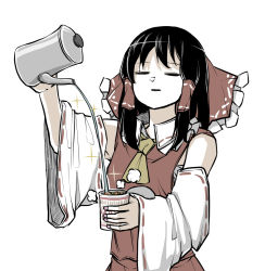 Rule 34 | 1girl, ascot, black hair, bow, closed eyes, decantering, detached sleeves, facing viewer, hair bow, hair tubes, hakurei reimu, holding, kettle, long hair, muted color, nissin cup noodle, peroponesosu., pouring, red skirt, simple background, skirt, skirt set, solo, sparkle, standing, steam, touhou, water, white background, white sleeves, wide sleeves, yellow ascot