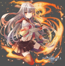 Rule 34 | 1girl, black footwear, blush, brown skirt, brown thighhighs, closed mouth, commentary request, company name, copyright name, copyright request, crop top, detached sleeves, fire, full body, grey background, hair between eyes, holding, holding sheath, holding sword, holding weapon, kneeling, long hair, long sleeves, looking at viewer, midriff, naruse chisato, navel, necktie, official art, orange eyes, pleated skirt, red necktie, scabbard, school uniform, serafuku, sheath, shoes, silver hair, skirt, smile, solo, stomach, sword, tenkuu no craft fleet, thighhighs, unsheathed, very long hair, weapon, zettai ryouiki