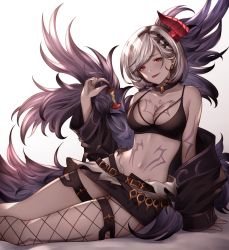 Rule 34 | absurdres, annno ans, apple, arm rest, asymmetrical legwear, black bra, black choker, black jacket, black shorts, bra, breast tattoo, breasts, chest tattoo, choker, cleavage, djeeta (granblue fantasy), earrings, fishnet legwear, fishnets, food, fruit, fur-trimmed jacket, fur trim, granblue fantasy, hair ornament, highres, holding, holding food, holding fruit, horns, jacket, jewelry, looking at viewer, medium breasts, off shoulder, parted lips, red eyes, short hair, short shorts, shorts, single fishnet legwear, single horn, sitting, stomach tattoo, swept bangs, tattoo, thigh strap, tongue, tongue out, underwear, white background, white hair, x hair ornament