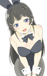 Rule 34 | 1girl, absurdres, animal ears, bad id, bad twitter id, bare shoulders, black bow, black bowtie, black hair, black leotard, black pantyhose, blue eyes, blunt bangs, blush, bow, bowtie, braid, breasts, cleavage, cowboy shot, detached collar, donguri suzume, fake animal ears, french braid, hair ornament, hairclip, highres, leaning forward, leotard, long hair, looking at viewer, medium breasts, nijisanji, open mouth, pantyhose, playboy bunny, rabbit ears, simple background, smile, solo, strapless, strapless leotard, tsukino mito, virtual youtuber, white background, wrist cuffs
