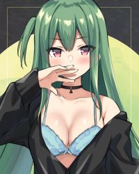 Rule 34 | 1girl, arm up, bare shoulders, black choker, black jacket, blue bra, bra, breasts, choker, cleavage, collarbone, covering own mouth, green hair, highres, jacket, long hair, long sleeves, looking at viewer, medium breasts, mimura zaja, off shoulder, one side up, original, red eyes, solo, spaghetti strap, underwear, upper body