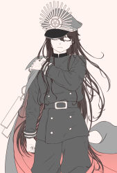 Rule 34 | 1girl, belt, cape, closed eyes, closed mouth, cowboy shot, expressionless, family crest, fate/grand order, fate (series), gloves, grey background, hat, highres, long hair, long sleeves, military hat, military uniform, nobbu-dan 8, oda nobunaga (fate), oda uri, red cape, removing cape, simple background, solo, uniform, very long hair