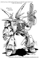 Rule 34 | 1boy, artist name, character name, commentary, concept art, english commentary, exo-force, gatling gun, greyscale, gun, hikaru (exo-force), holding, holding gun, holding weapon, marker (medium), mecha, mecha-zone, monochrome, official art, open hand, piston, robot, science fiction, shadow, solo, standing, stealth hunter, the lego group, traditional media, watermark, weapon, web address, white background