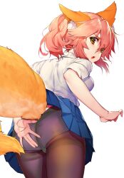 Rule 34 | 1girl, absurdres, animal ear fluff, animal ears, ass, blue skirt, breasts, brown pantyhose, fate/extra, fate (series), fox ears, fox girl, fox tail, hair between eyes, highres, large breasts, long hair, looking at viewer, looking back, mogullaz, open mouth, panties, panties under pantyhose, pantyhose, pink hair, pleated skirt, shirt, short sleeves, sidelocks, skirt, solo, tail, tamamo (fate), tamamo no mae (fate/extra), twintails, underwear, white shirt, yellow eyes