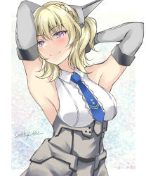 Rule 34 | 1girl, arms behind head, black gloves, blonde hair, blue eyes, blue necktie, braid, breasts, colorado (kancolle), commentary request, dress, elbow gloves, gakky, garrison cap, gloves, grey dress, grey hat, hat, headgear, kantai collection, large breasts, lattice mast, looking at viewer, necktie, one-hour drawing challenge, pleated dress, shirt, short hair, side braids, sideboob, sleeveless, solo, upper body, white shirt