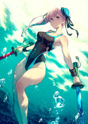 Rule 34 | 1girl, armpits, arms at sides, backlighting, bare shoulders, black one-piece swimsuit, blue one-piece swimsuit, blurry, breasts, bubble, bun cover, cleavage, clothing cutout, collarbone, competition swimsuit, day, depth of field, fate/grand order, fate (series), floating hair, freediving, from below, from side, hair bun, hair ribbon, head tilt, highleg, highleg swimsuit, highres, kusano shinta, large breasts, long hair, looking at viewer, miyamoto musashi (fate), miyamoto musashi (swimsuit berserker) (first ascension) (fate), one-piece swimsuit, outdoors, pink hair, purple eyes, ribbon, side cutout, single side bun, smile, solo, swept bangs, swimming, swimsuit, thighs, toy sword, two-tone swimsuit, underwater, wristband