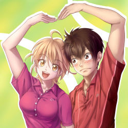 Rule 34 | 1boy, 1girl, :d, ahoge, baby steps, blush, breasts, brown eyes, brown hair, collared shirt, couple, frown, gradient background, heart arms, hetero, ky9, light brown hair, looking at another, looking at viewer, maruo eiichirou, open mouth, pink shirt, polo shirt, red shirt, shirt, short hair, short sleeves, smile, takasaki natsu, upper body