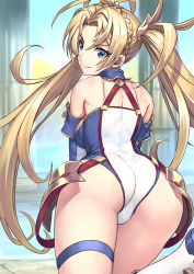 Rule 34 | 1girl, armor, ass, back, bare shoulders, blonde hair, blue eyes, blush, bradamante (fate), bradamante (first ascension) (fate), braid, breasts, closed mouth, commentary request, crown braid, elbow gloves, fate/grand order, fate (series), faulds, gloves, highleg, highleg leotard, highres, leotard, long hair, looking at viewer, looking back, medium breasts, ninnin (shishitou), smile, solo, thigh strap, thighs, twintails, very long hair