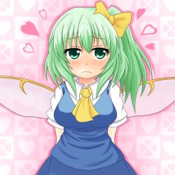 Rule 34 | 1girl, arms behind back, ascot, b.leaf, blush, breasts, collar, daiyousei, fairy, female focus, green eyes, green hair, hair ribbon, heart, highres, matching hair/eyes, ribbon, side ponytail, solo, touhou, upper body, wings