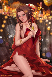 Rule 34 | 1girl, aerith gainsborough, alcohol, balloon, bare legs, bare shoulders, barefoot, blush, breasts, brown hair, champagne, champagne bottle, commentary, cup, dress, drill hair, english commentary, exlic, feet, final fantasy, final fantasy vii, final fantasy vii remake, flower, green eyes, hair flower, hair ornament, hair ribbon, happy new year, highres, holding, holding cup, lips, long hair, looking at viewer, medium breasts, new year, parted lips, red flower, ribbon, solo, square enix, strapless, strapless dress, twin drills, wall market