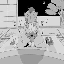 Rule 34 | 1girl, animal ears, architecture, black eyes, black hair, blunt bangs, bow, braid, breasts, cleavage, commentary request, east asian architecture, futon, greyscale, henyaan (oreizm), hipparion (kemono friends), horse ears, horse girl, horse tail, japanese clothes, kemono friends, long sleeves, monochrome, moon, night, night sky, seiza, sitting, sky, sound effects, tail, tissue, tissue box, translation request