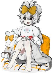 Rule 34 | 1boy, 1girl, absurdres, bandaid, bandaid on cheek, bandaid on face, bloomers, bow, bow-shaped hair, charlotte wiltshire, cinnamoroll, grey skirt, hair bow, hello charlotte, highres, long sleeves, open mouth, sanrio, sesam344, shirt, sitting, skirt, smile, solo, stuffed animal, stuffed toy, underwear, white bloomers, white shirt, yellow bow