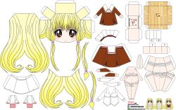 Rule 34 | 00s, 1girl, absurdres, artist name, ass, bandages, blonde hair, breasts, brown eyes, butt crack, character name, chibi, chii, chobits, el joey, highres, long hair, naked bandage, navel, paper cutout, papercraft, sidelocks, solo, very long hair, watermark, web address