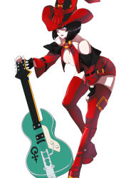 Rule 34 | 1girl, absurdres, arc system works, bare shoulders, black hair, blue eyes, boots, breasts, cleavage, fingerless gloves, gloves, green eyes, guilty gear, guilty gear xx, guitar, hat, heterochromia, highres, i-no, instrument, large breasts, looking at viewer, makai, mole, red hat, red thighhighs, short hair, simple background, solo, thigh boots, thighhighs, white background, witch hat