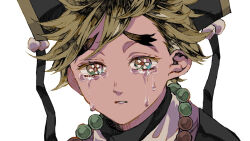 Rule 34 | 1boy, aged down, bead necklace, beads, black hat, blonde hair, child, colored eyelashes, crying, douma (kimetsu no yaiba), forked eyebrows, hat, jewelry, kimetsu no yaiba, looking at viewer, male focus, mino iii, multicolored eyes, necklace, portrait, prayer beads, rainbow eyes, sad, short hair, simple background, solo, symbol in eye, white background