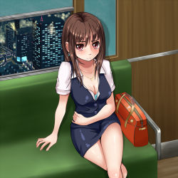 Rule 34 | 1girl, bag, bare legs, belted, belted dress, blush, bra, breasts, brown hair, clasped dress, cleavage, dress, earrings, formal, frown, hand on own stomach, highres, jewelry, long hair, looking at viewer, necklace, nureshungiku, office lady, original, red eyes, sitting, skirt, suit, tight clothes, tight dress, underwear, window