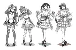 Rule 34 | 10s, 4girls, amatsukaze (kancolle), commentary request, crossed legs, dress, flight deck, flower, frilled dress, frilled sleeves, frills, garter straps, geta, gloves, greyscale, gufu (guffuumu), hair ornament, hair scrunchie, hair tubes, hairband, hands on own face, hands on own hips, hat, headdress, headgear, hiryuu (kancolle), idol, japanese clothes, kantai collection, kimono, kimono skirt, lolita fashion, long hair, long sleeves, looking at viewer, mini hat, monochrome, multiple girls, obi, open mouth, pantyhose, qi lolita, sash, scrunchie, shoes, short hair, souryuu (kancolle), thighhighs, twintails, two side up, wa lolita, watson cross, white background, wide sleeves, yukikaze (kancolle)