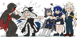 Rule 34 | 2boys, 3girls, anger vein, animal ears, arknights, black cape, black dress, black headwear, black jacket, black pants, black shorts, black suit, blue hair, boots, brown footwear, cape, chibi, commentary, demon girl, demon horns, demon tail, dirty, donki (yeah), dress, energy wings, enforcer (arknights), formal, full body, green eyes, grey hair, grey necktie, halo, hateful avenger (arknights), highres, hood, hooded cape, hooded jacket, horns, jacket, knee boots, long hair, mask, mostima (arknights), mouth mask, multiple boys, multiple girls, musical note, necktie, open mouth, orange eyes, pants, pointing, pointing at another, pointy hat, red cape, rope, scribble, shadow, shirt, shorts, simple background, specter (arknights), specter the unchained (arknights), spoken anger vein, spoken musical note, suit, sweat, tail, teasing, texas (arknights), texas the omertosa (arknights), torn cape, torn clothes, tug of war, two-tone cape, very long hair, white background, white footwear, white shirt, wolf ears, wolf tail