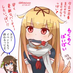 Rule 34 | 2girls, afterimage, ahoge, black hair, black serafuku, blonde hair, blue eyes, braid, brown hair, commentary request, dated, dog tail, hair flaps, hair ornament, hair over shoulder, kantai collection, long hair, mitchell (dynxcb25), mouth hold, multiple girls, neckerchief, red eyes, red neckerchief, scarf, school uniform, serafuku, shigure (kancolle), single braid, tail, tail wagging, torpedo, translation request, twitter username, white scarf, yuudachi (kancolle)