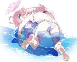 Rule 34 | 1girl, ;d, absurdres, ahoge, ass, barefoot, bikini, blue archive, blue eyes, butt crack, commentary request, flat chest, from behind, hair bobbles, hair ornament, halo, highres, hoshino (blue archive), hoshino (swimsuit) (blue archive), inflatable toy, inflatable whale, long hair, looking at viewer, low twintails, niko (tama), official alternate costume, one eye closed, open mouth, partially submerged, pink hair, pink halo, smile, soles, solo, swimsuit, twintails, wet, white bikini