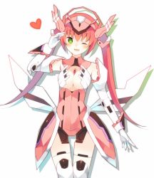 Rule 34 | 1girl, ;d, android, bad id, bad pixiv id, between breasts, blush, breasts, cleavage, gloves, green eyes, hatoichi reno, headgear, joints, long hair, looking at viewer, mecha musume, one eye closed, open mouth, orange eyes, original, phantasy star, phantasy star online 2, robot joints, salute, smile, solo, standing, thigh gap, twintails, white gloves