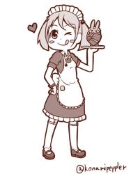 Rule 34 | 10s, 1girl, ;d, animal print, apron, blush stickers, bow, commentary request, dress, frilled dress, frills, hair bobbles, hair ornament, hand on own hip, heart, kantai collection, kneehighs, maid apron, maid headdress, monochrome, one eye closed, open mouth, rabbit, rabbit print, sazanami (kancolle), sazanami konami, short hair, short sleeves, smile, socks, solo, tongue, tongue out, tray, twintails, twitter username, wristband
