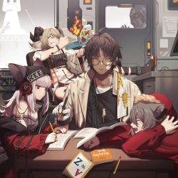 Rule 34 | 1boy, 3girls, animal ears, arknights, bandaid, bandaid on face, dark skin, demon girl, doctor (arknights), earphones, english text, fire, frostleaf (arknights), glasses, highres, horns, ifrit (arknights), infection monitor (arknights), jacket, jewelry, manjyufroth, material growth, multiple girls, necklace, oripathy lesion (arknights), projekt red (arknights), studying, sweater, thorns (arknights), yawning