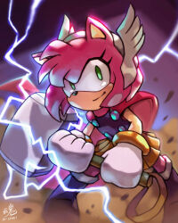 Rule 34 | amy rose, animal ears, artist name, boots, cape, cosplay, furry, furry female, gloves, gold bracelet, green eyes, hair ornament, hair wings, hairband, hammer, hedgehog, hedgehog ears, holding, holding hammer, holding weapon, lightning, looking at viewer, marvel, pink fur, purple shirt, red cape, ry-spirit, sega, shirt, skirt, sleeveless, smile, solo, sonic (series), thor (marvel), thor (marvel) (cosplay), weapon, white gloves, yellow shirt