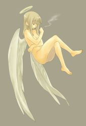 Rule 34 | 1girl, angel, barefoot, cigarette, feet, floating, grey background, halo, nude, simple background, smoking, solo, wings