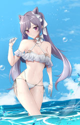 Rule 34 | 1girl, bare shoulders, bikini, blue sky, breasts, bubble, choker, cleavage, cloud, collarbone, commentary, day, english commentary, feint721, frilled bikini, frills, genshin impact, gloves, hair ribbon, half gloves, highleg, highleg bikini, highres, keqing (genshin impact), light smile, long hair, looking at viewer, medium breasts, navel, ocean, off-shoulder bikini, off shoulder, outdoors, purple hair, ribbon, side-tie bikini bottom, sky, solo, swimsuit, thigh gap, thighs, twintails, underboob, wading, water, water drop, white bikini, white gloves
